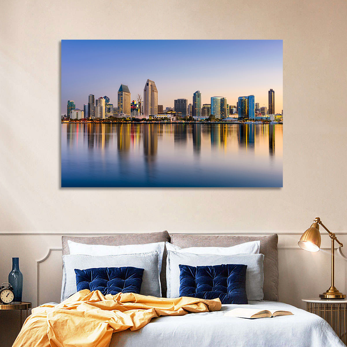 San Diego Skyline at Golden Dusk Wall Art in a room, landscape