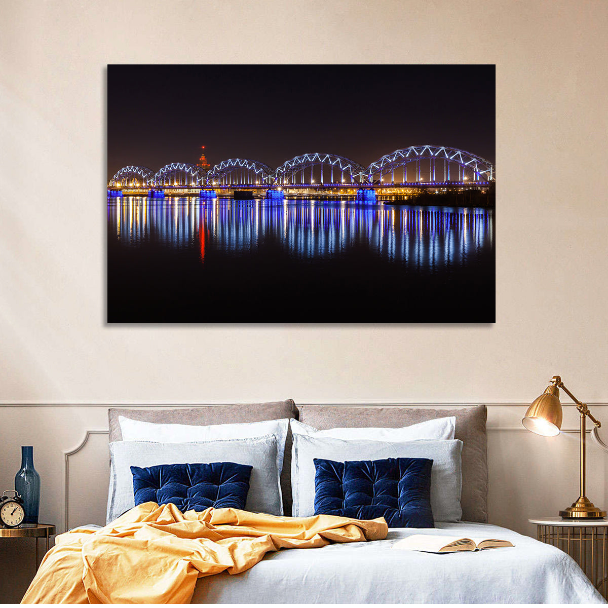 Riga Railway Bridge Nightscape Wall Art in a room, landscape