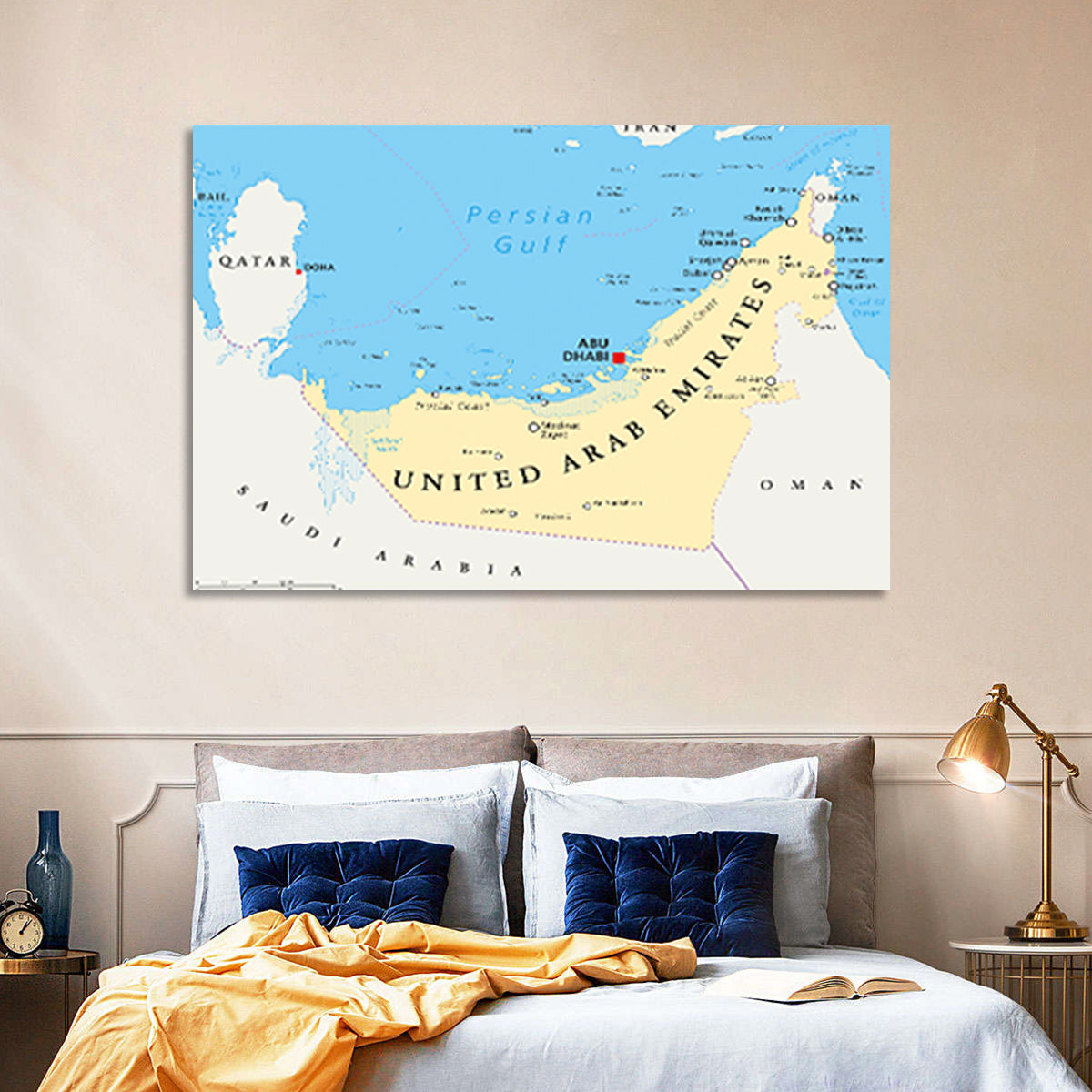UAE Political Map Wall Art in a room, landscape