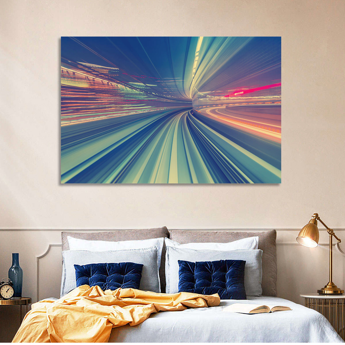 Monorail Night Light Trails Wall Art in a room, landscape