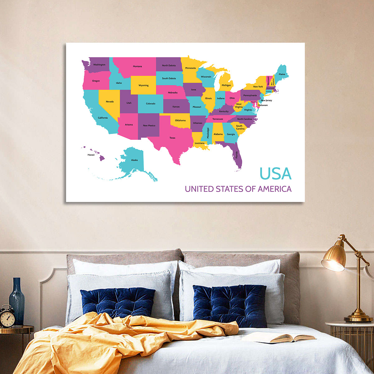 Detailed United States Map Wall Art in a room, landscape