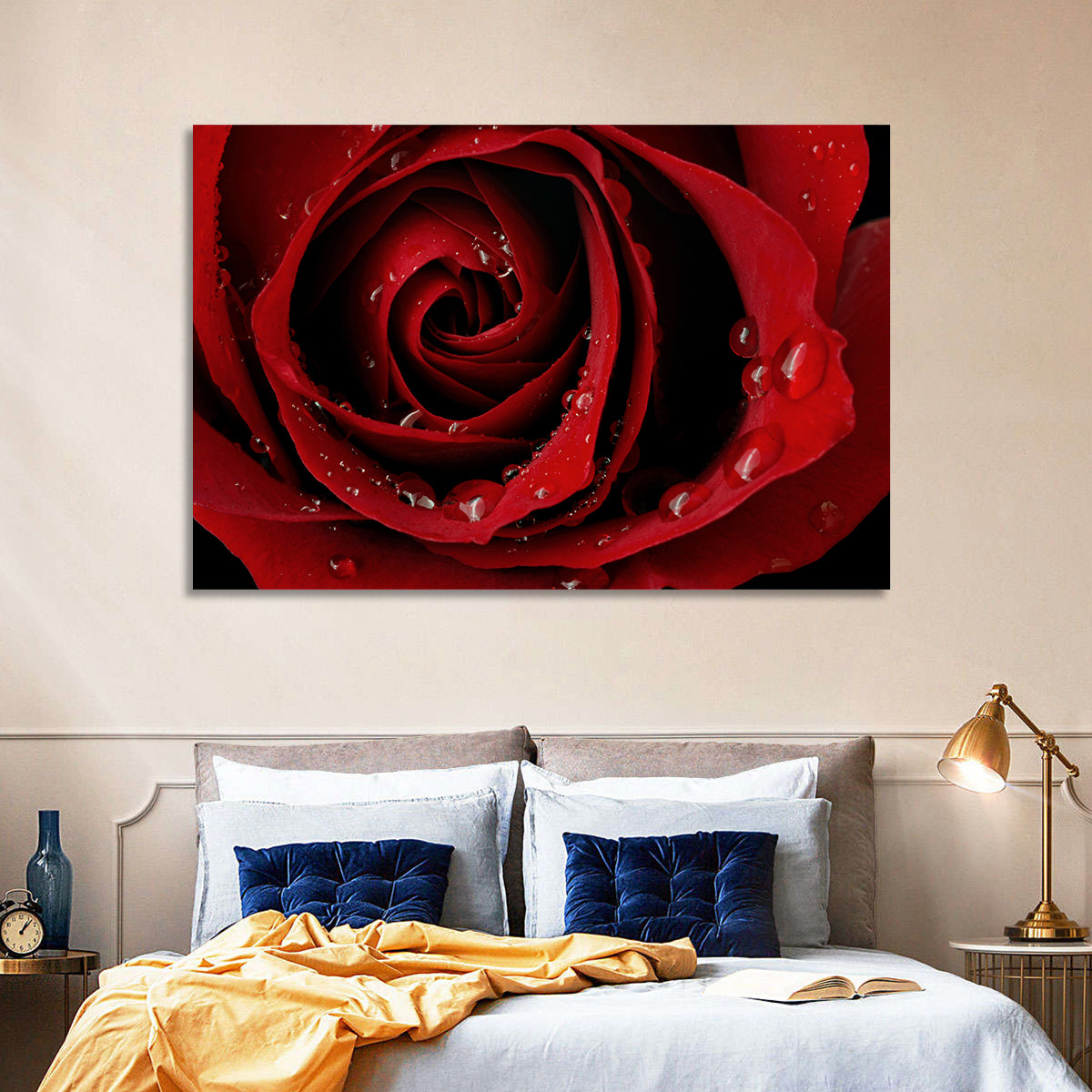 Red Rose with Dew Drops Wall Art in a room, landscape