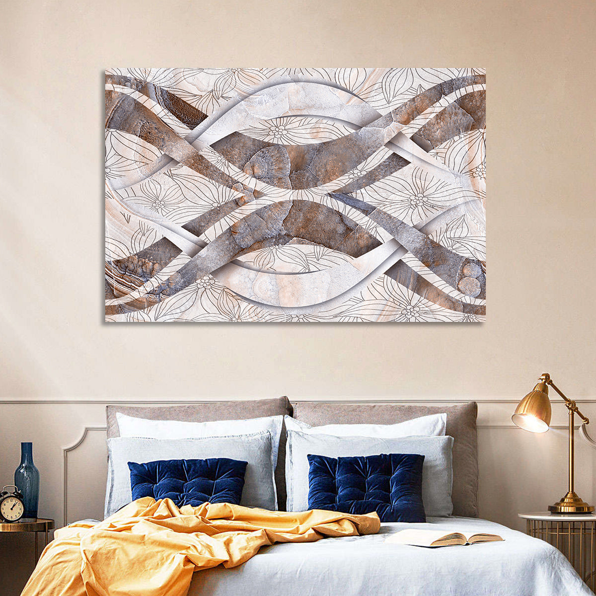 Waving Stone with Line Flowers Wall Art in a room, landscape