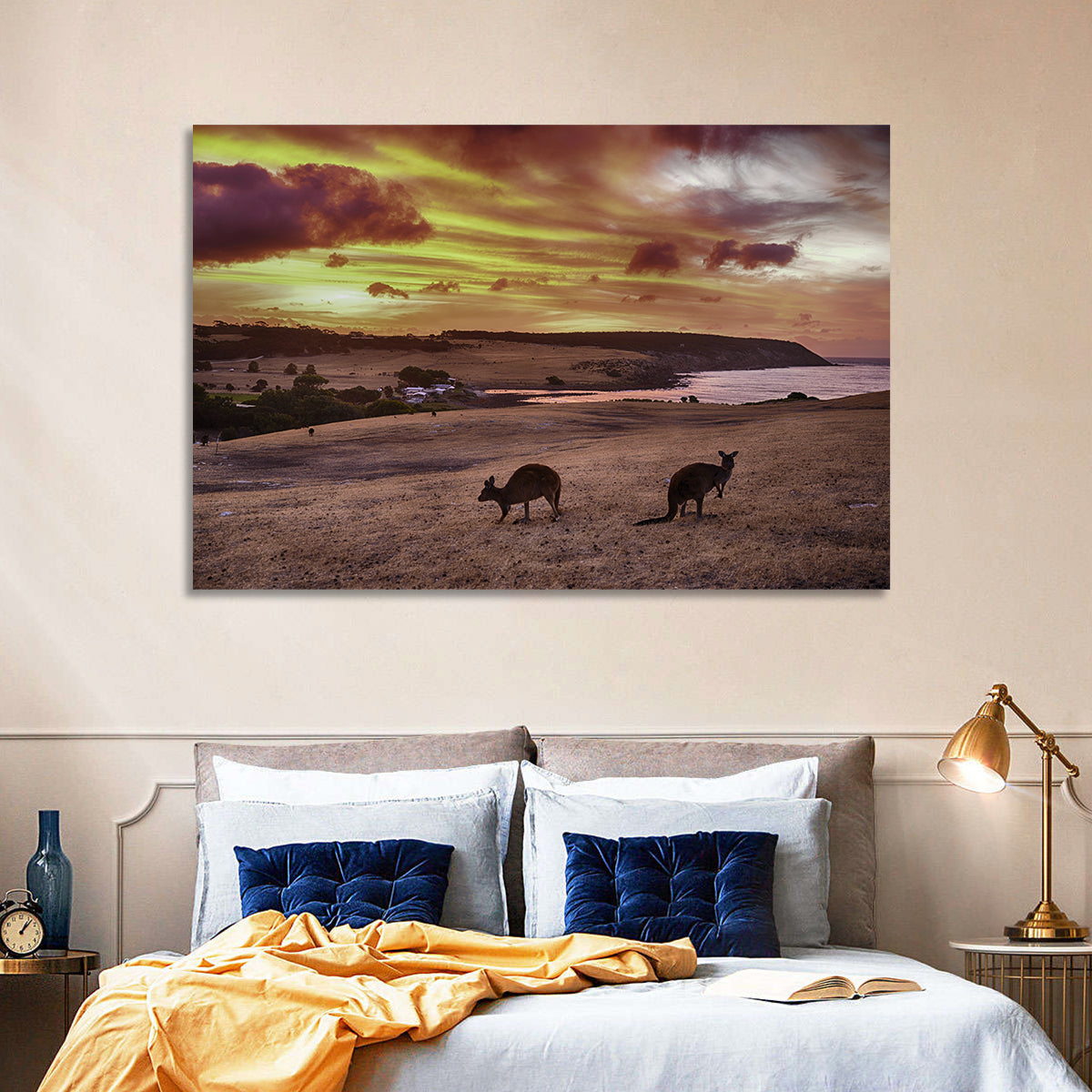 Two Kangaroos at Sunset Coast Wall Art in a room, landscape