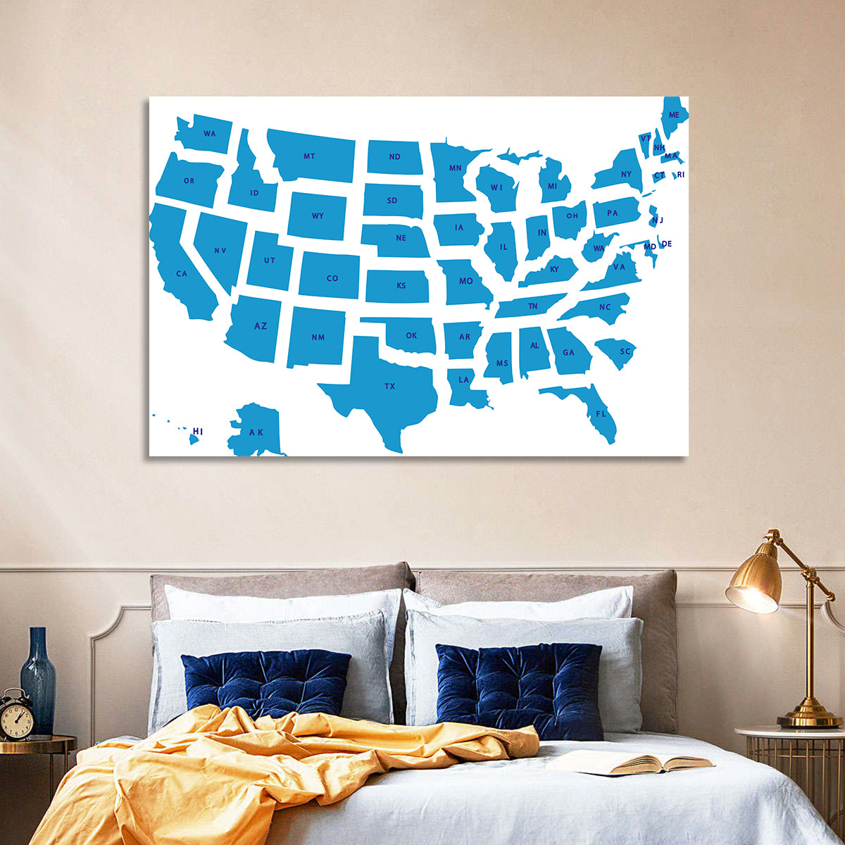 Blue Minimalist USA Map Wall Art in a room, landscape