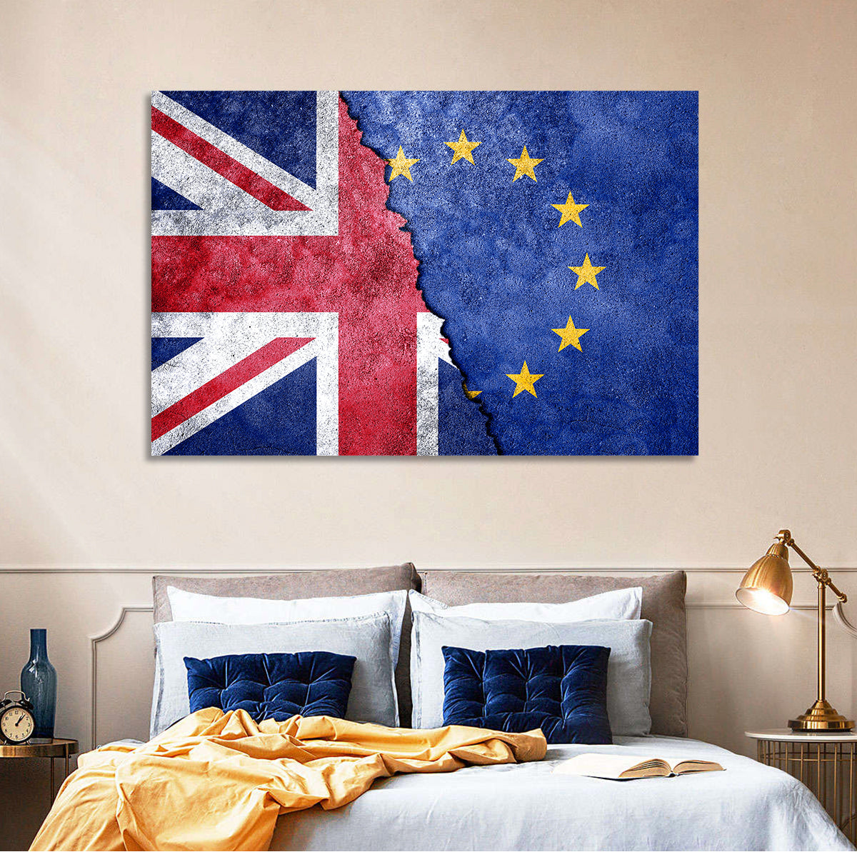 Divided Union Jack and Eu Flag Wall Art in a room, landscape