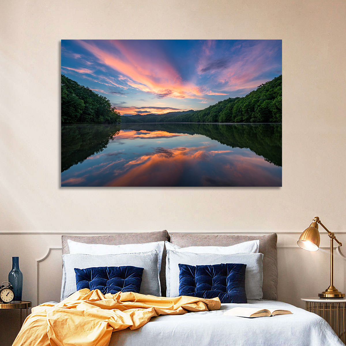 Appalachian Lake Sunset Wall Art in a room, landscape