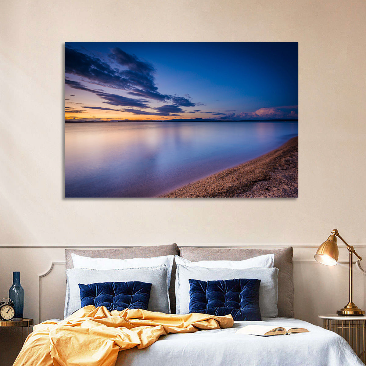 Lake Winnipesaukee Shoreline Sunset Wall Art in a room, landscape