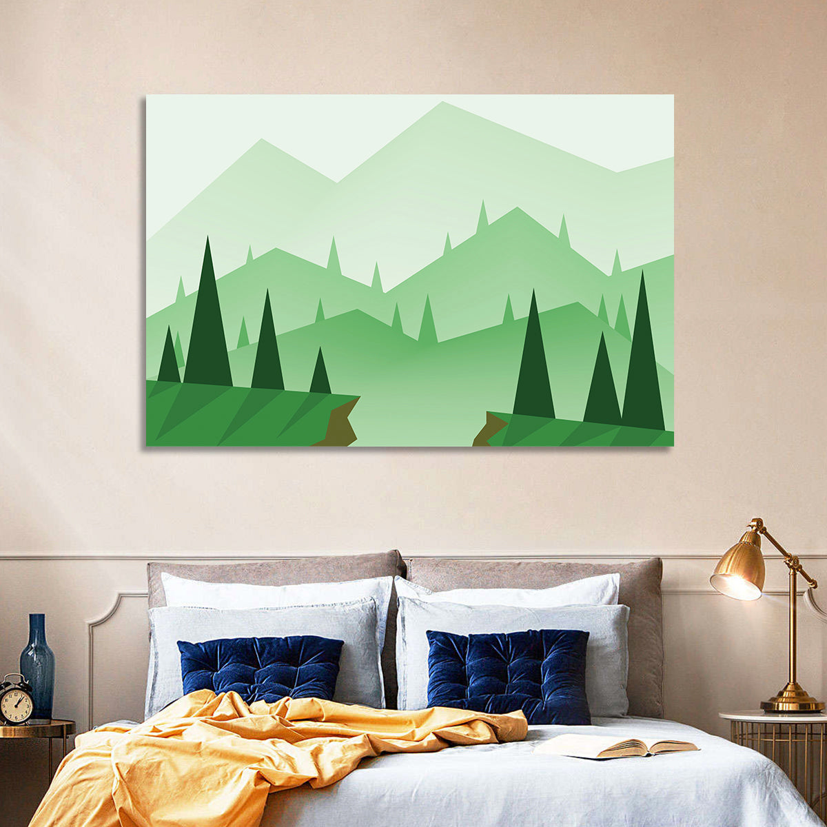 Misty Green Hills Illustration Wall Art in a room, landscape