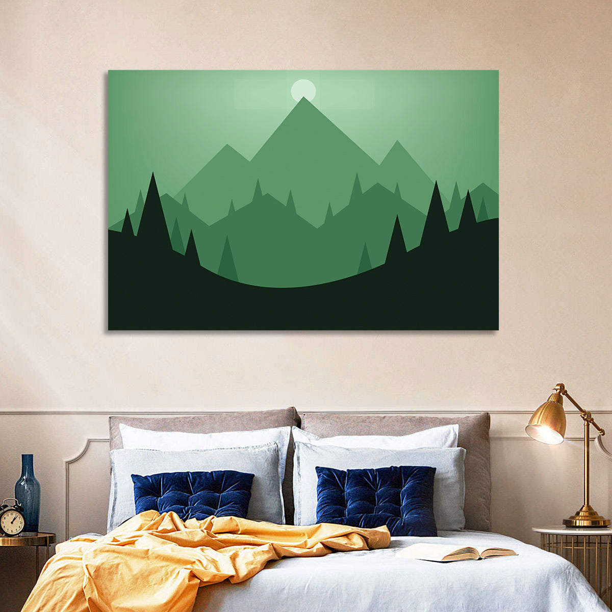 Geometric Mountain Sunset Illustration Wall Art in a room, landscape