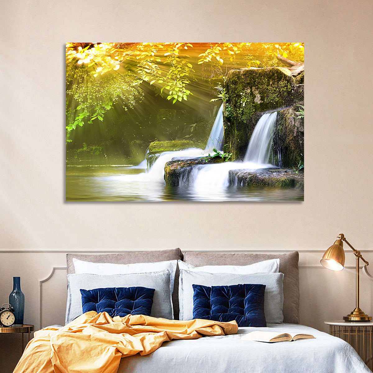 Sunlit Forest Waterfall Wall Art in a room, landscape