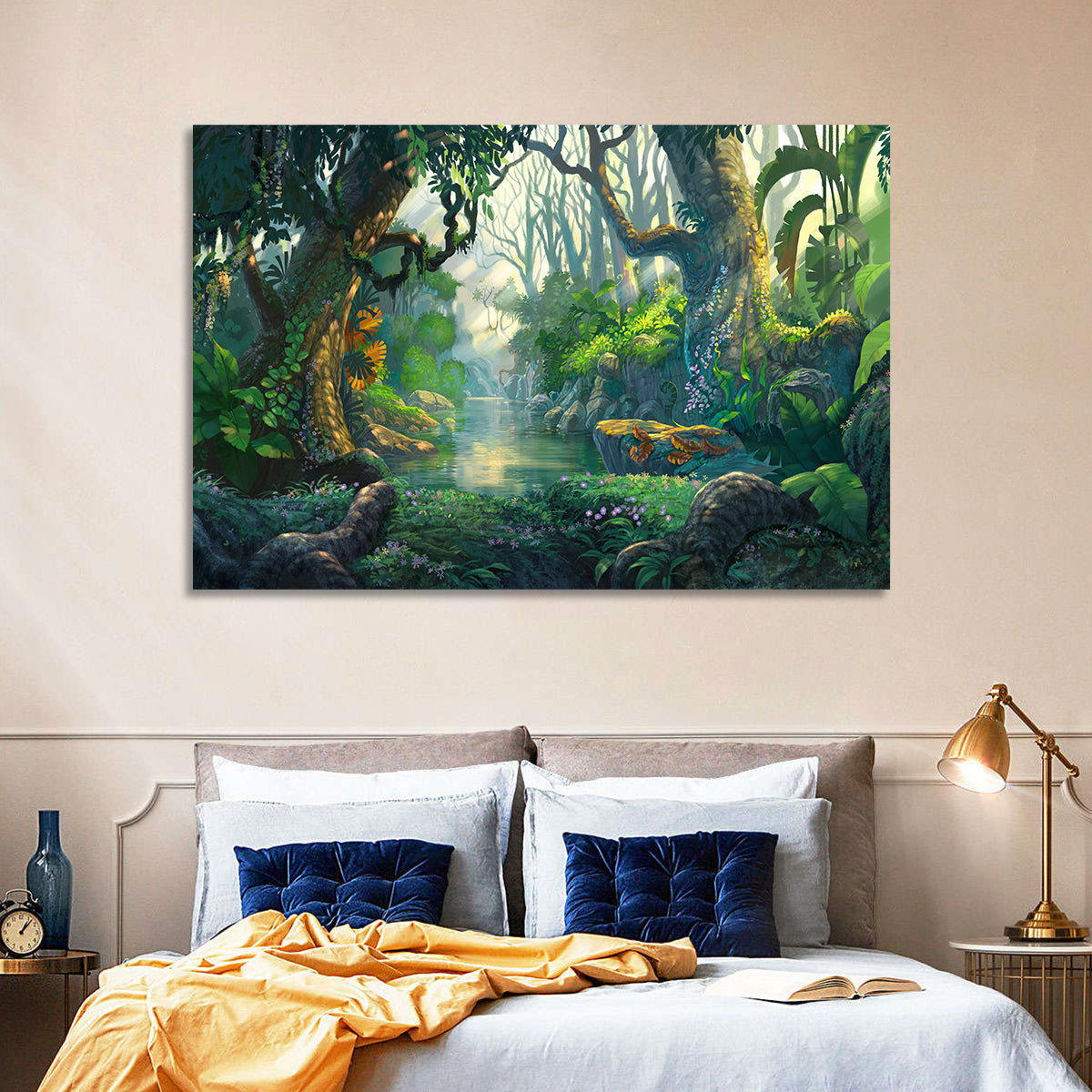 Sunlit Jungle River Wall Art in a room, landscape