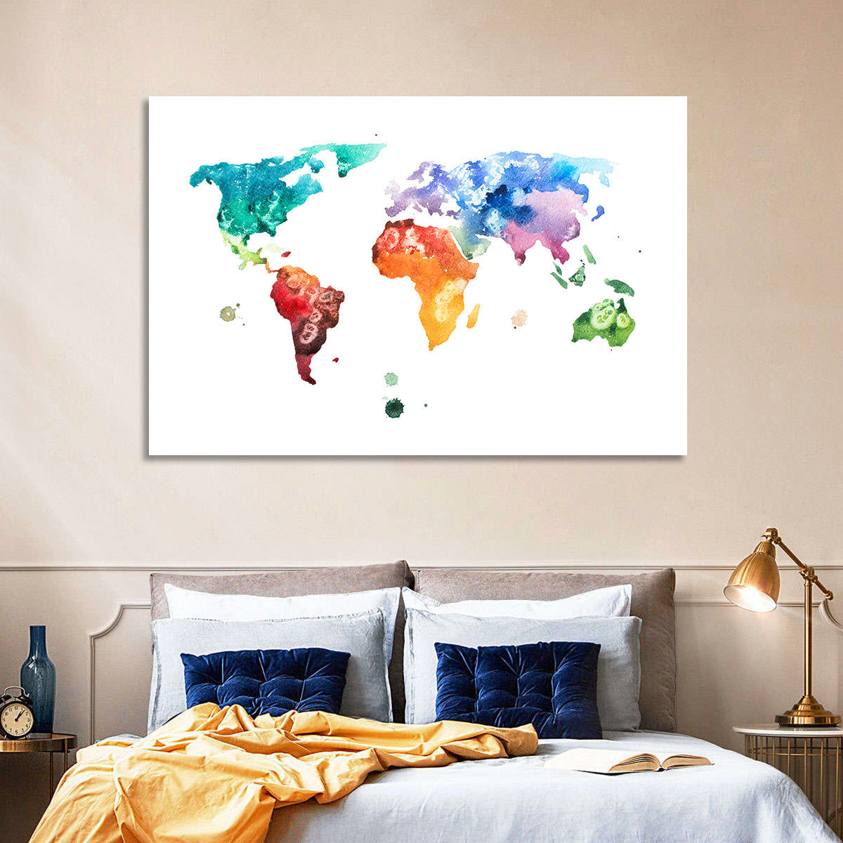 Multicolor Watercolor World Map Wall Art
