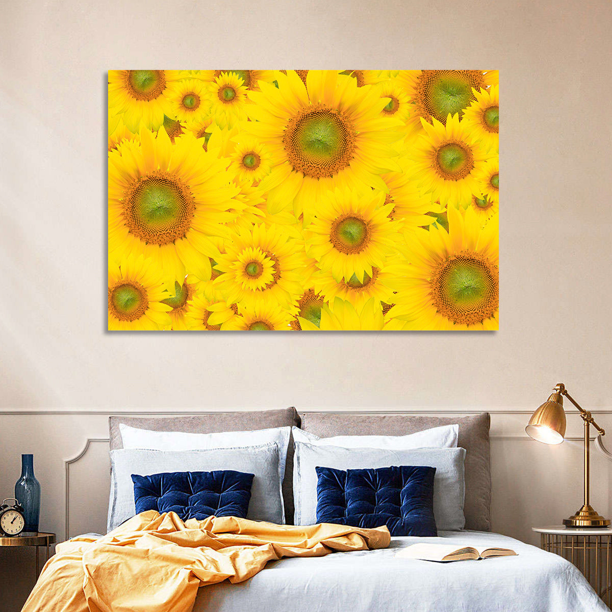 Sunflower Field Close-up in Yellow Wall Art in a room, landscape