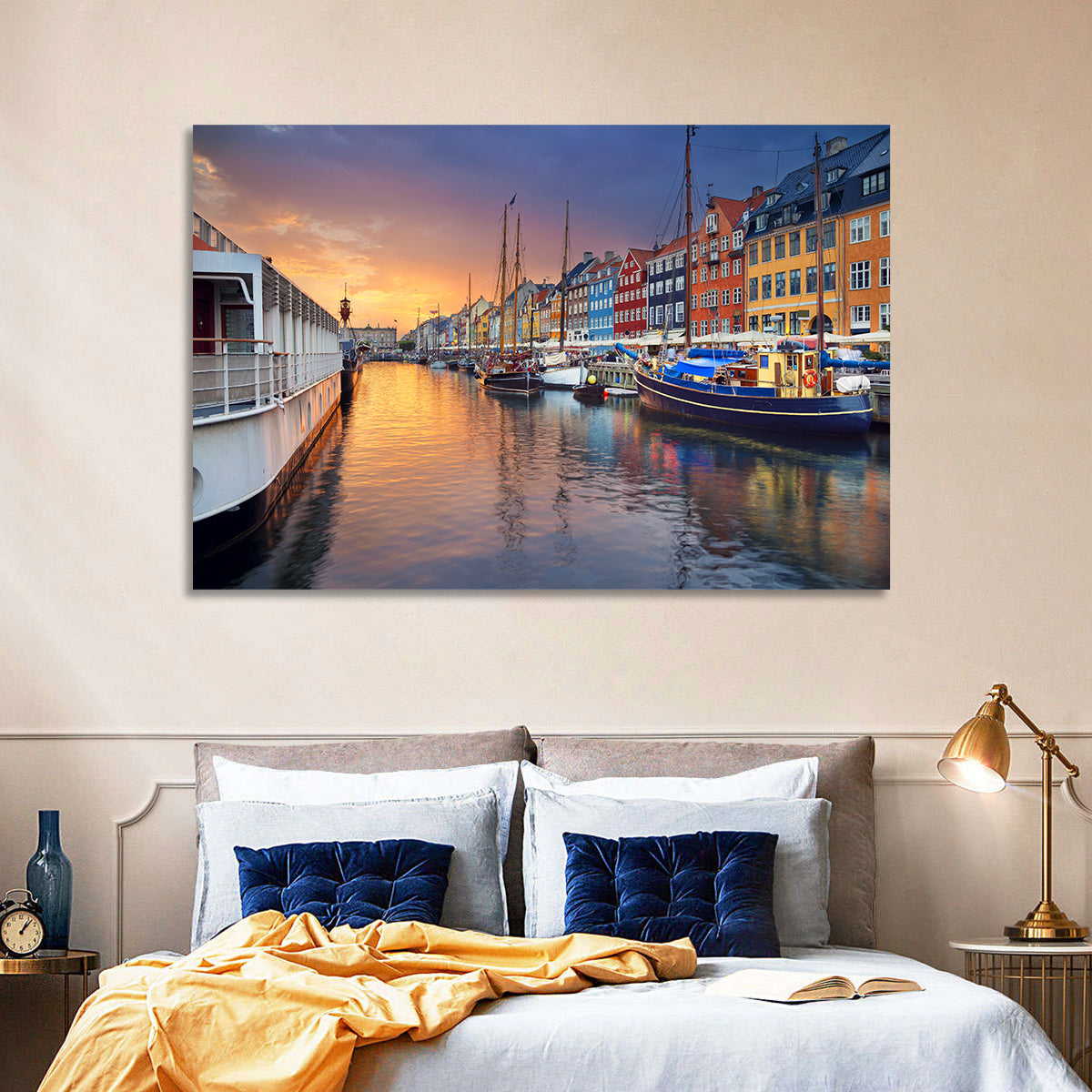 Nyhavn Canal at Sunset Wall Art in a room, landscape