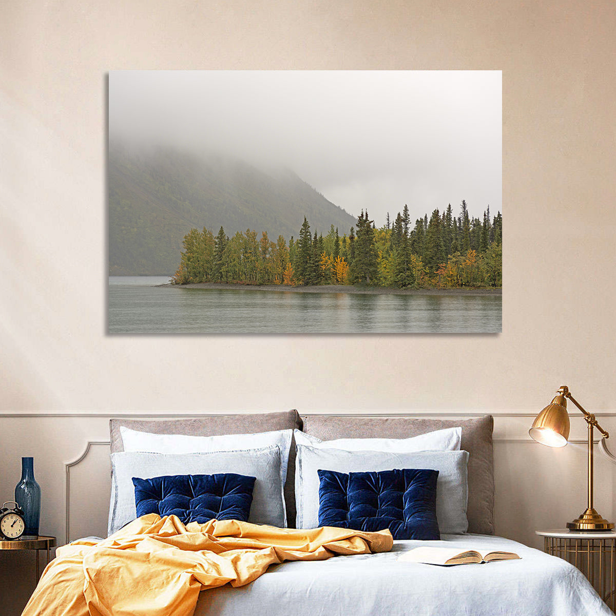 Kathleen Lake Autumn Shoreline Wall Art in a room, landscape
