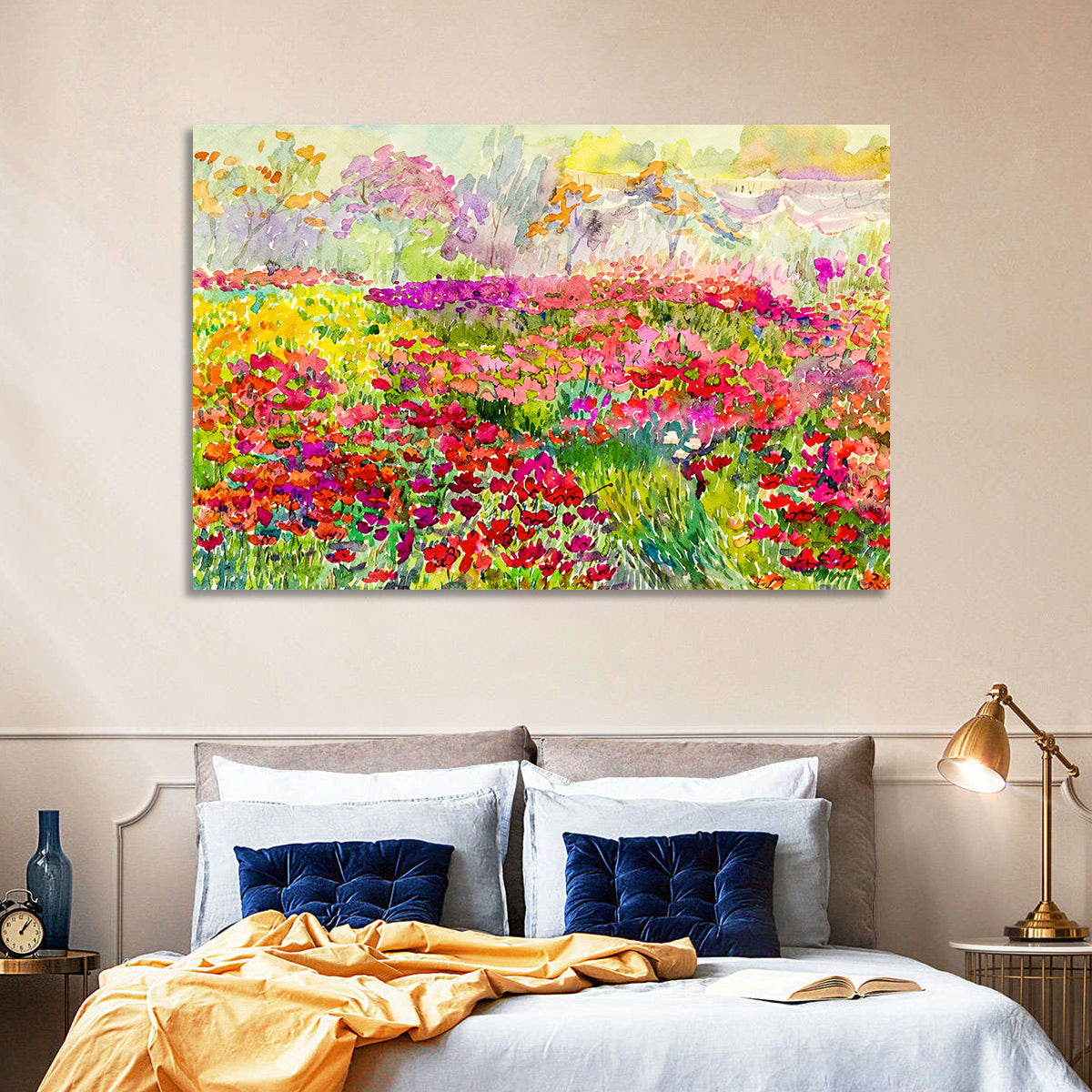 Summer Poppy Meadow Watercolor Wall Art in a room, landscape