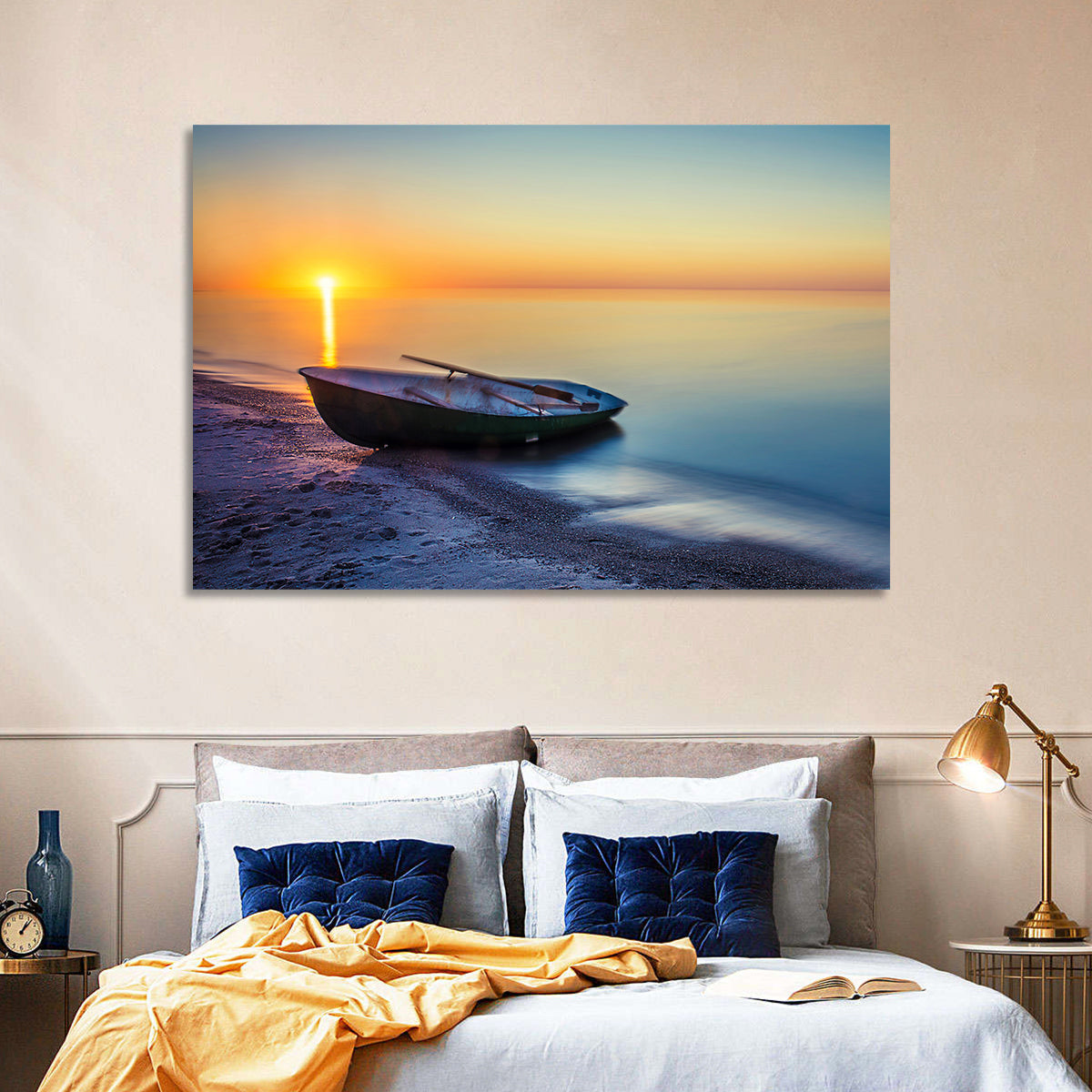 Rowboat Sunrise Seascape Wall Art in a room, landscape