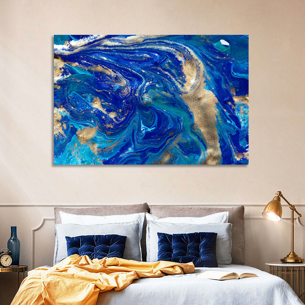 Blue and Gold Liquid Marble Swirls Wall Art