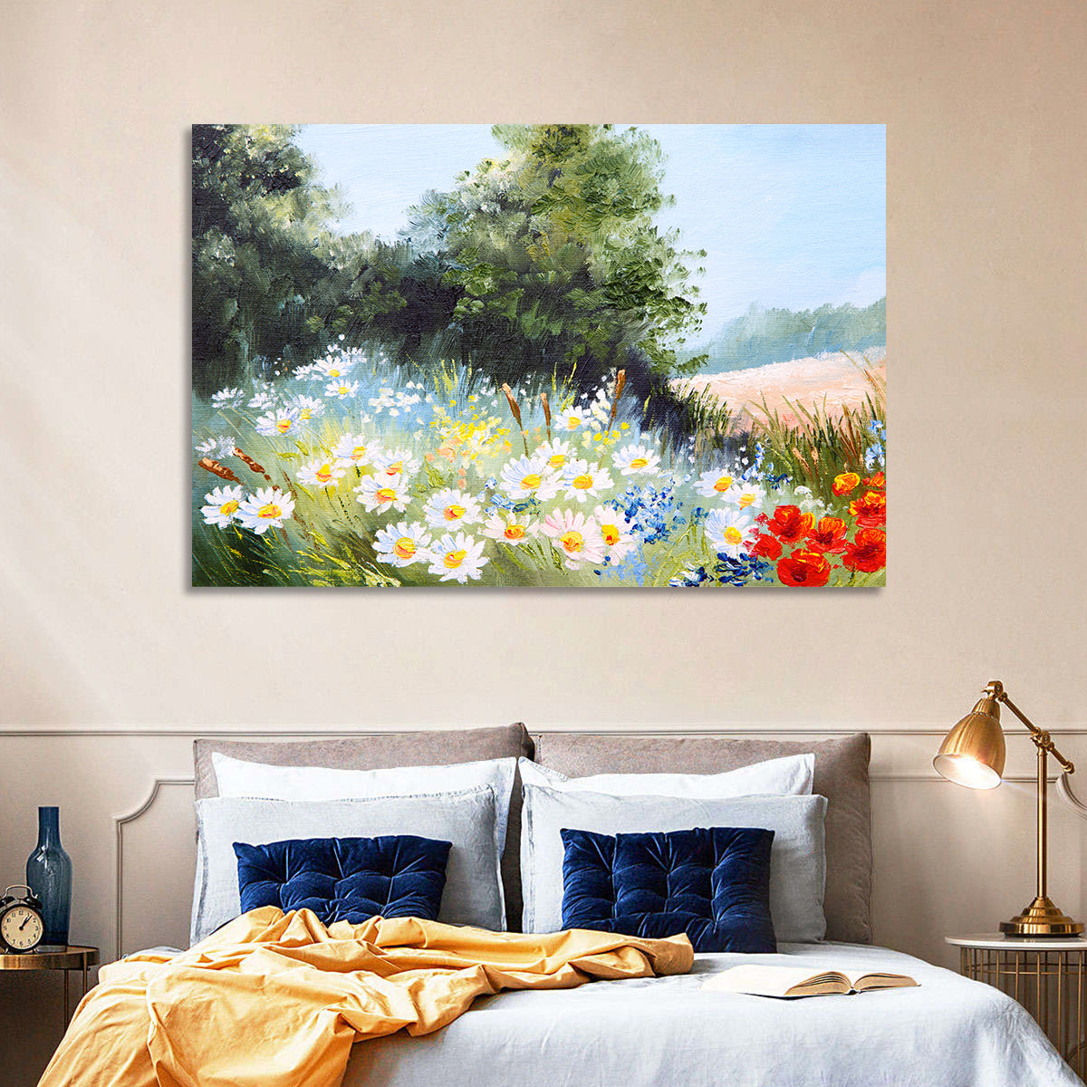 Sunny Daisy Meadow with Red Poppies Wall Art in a room, landscape