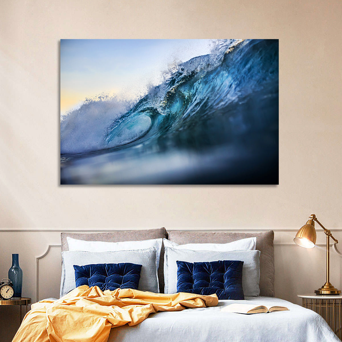 Golden Hour Barrel Wave Wall Art in a room, landscape