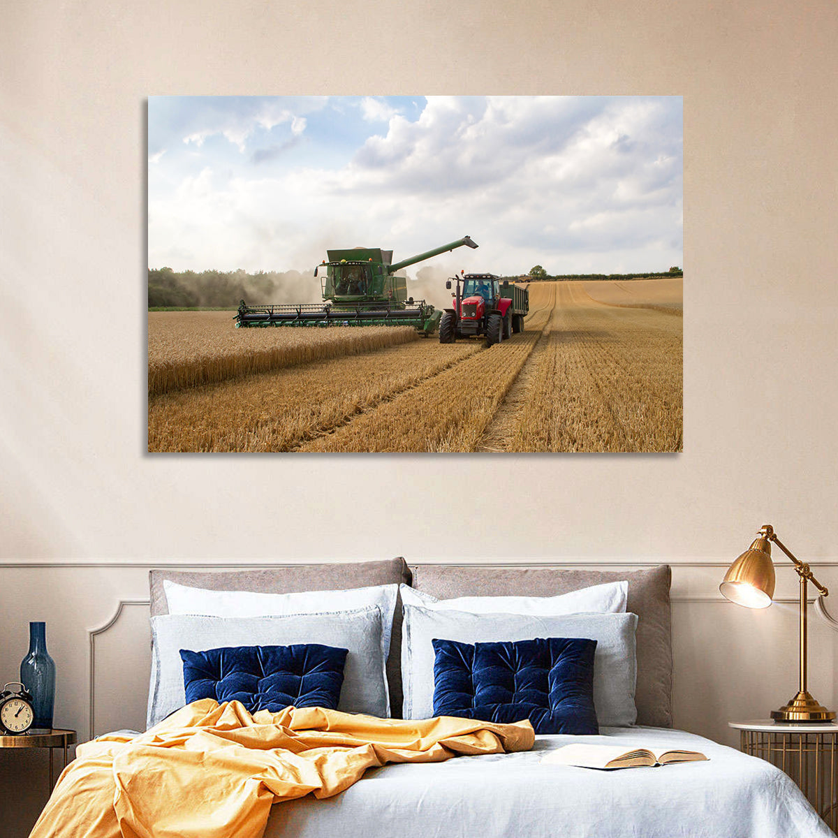 Wheat Harvest with Combine and Tractor Wall Art in a room, landscape