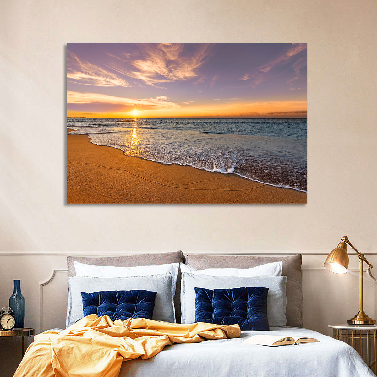 Sunrise Over Ocean Beach Wall Art in a room, landscape
