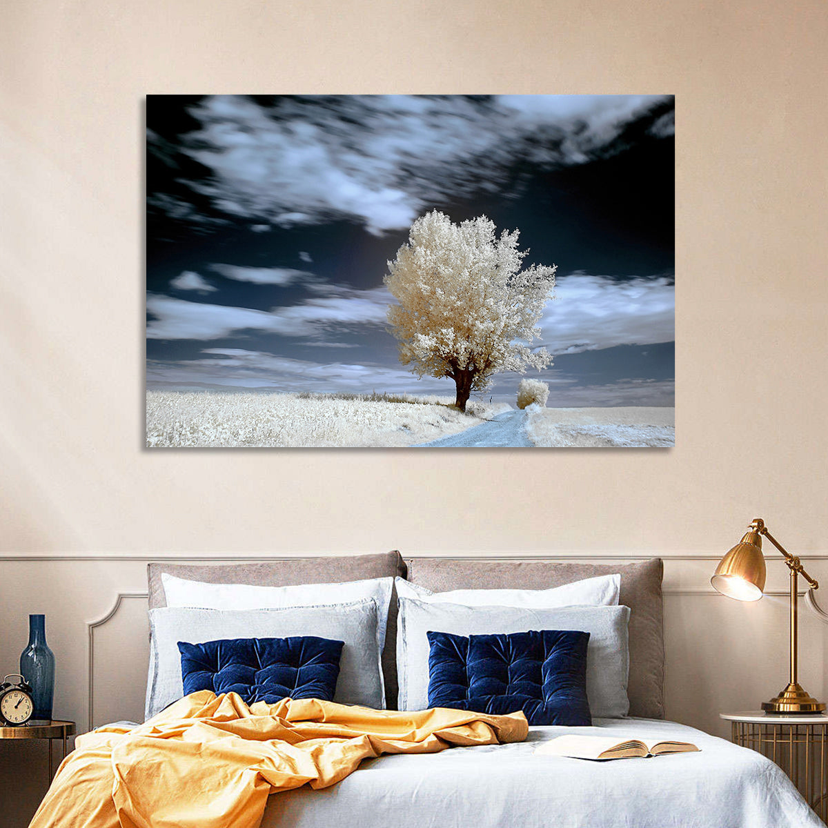 Infrared Winter Willow Tree Wall Art in a room, landscape