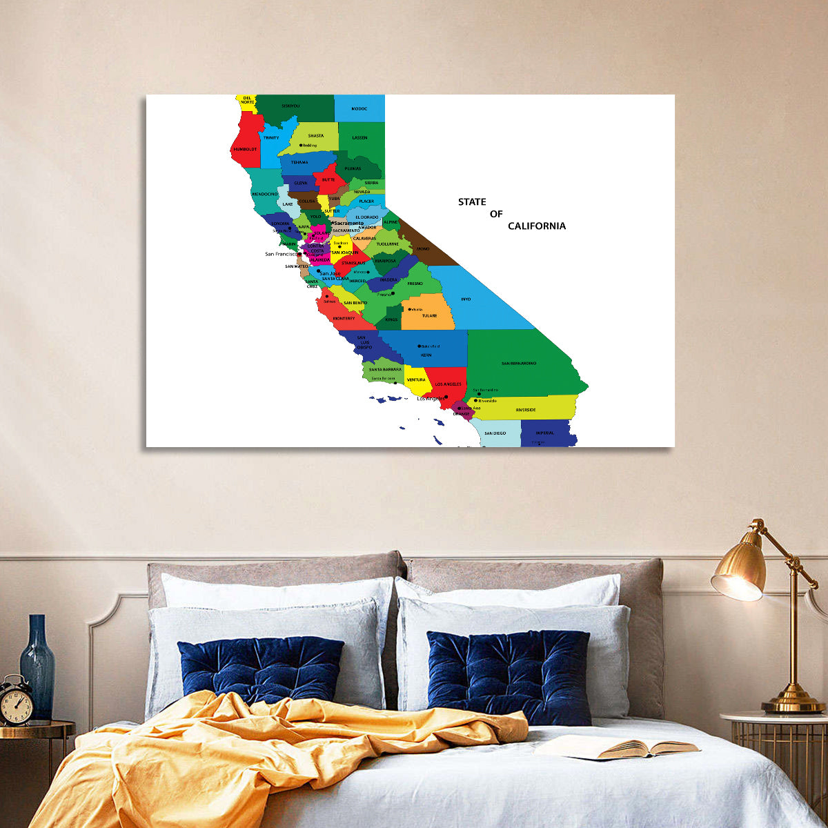 California Map with Colored Counties Wall Art in a room, landscape