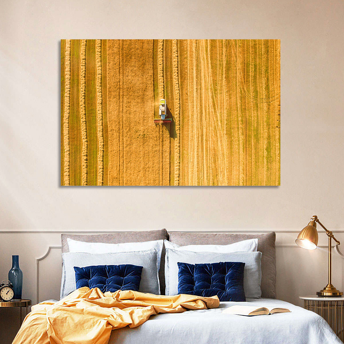 Aerial Wheat Harvest Wall Art in a room, landscape
