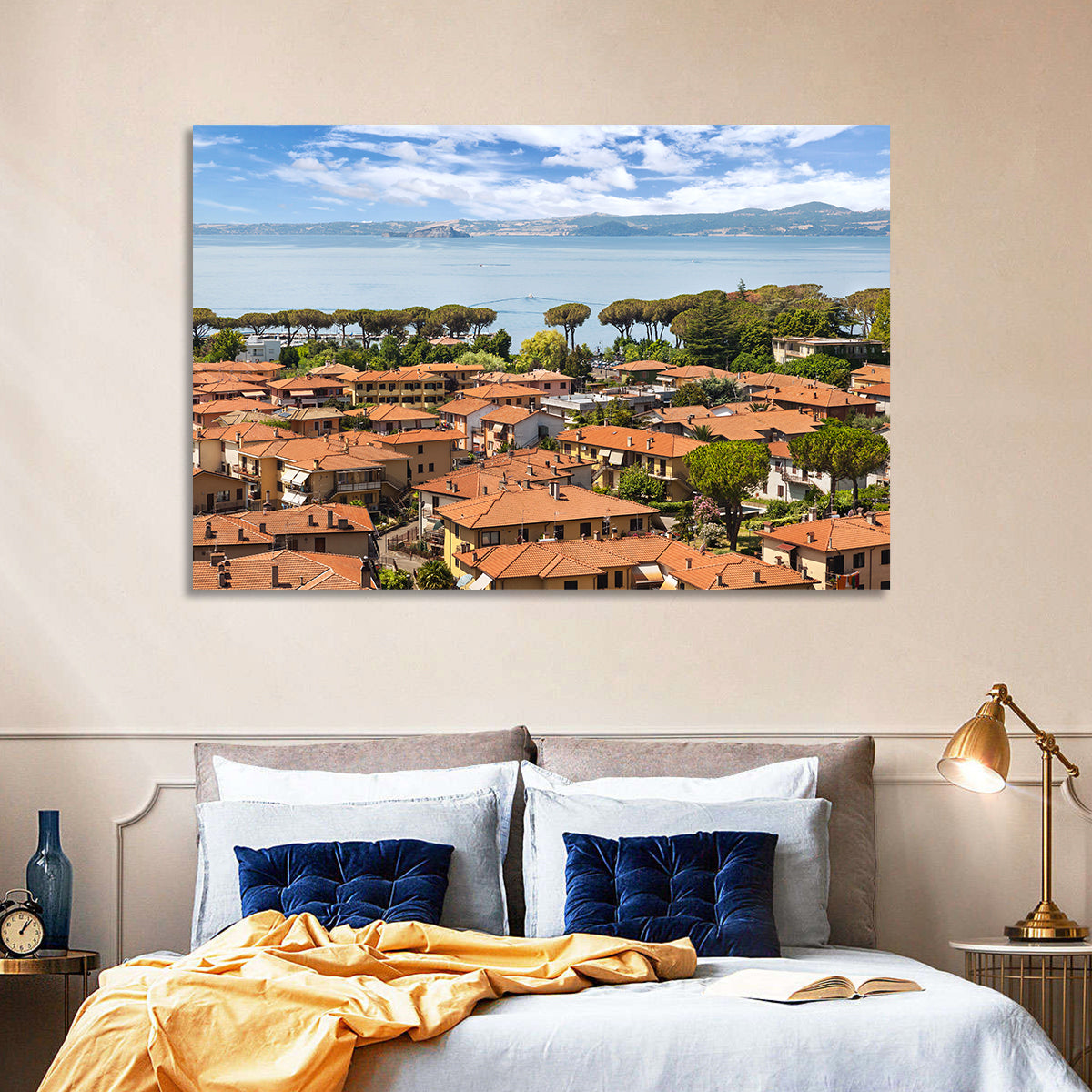 Bolsena Lakeside Vista Wall Art in a room, landscape