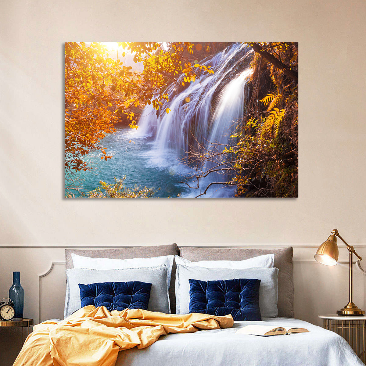 Golden Hour Waterfall in Autumn Forest Wall Art in a room, landscape