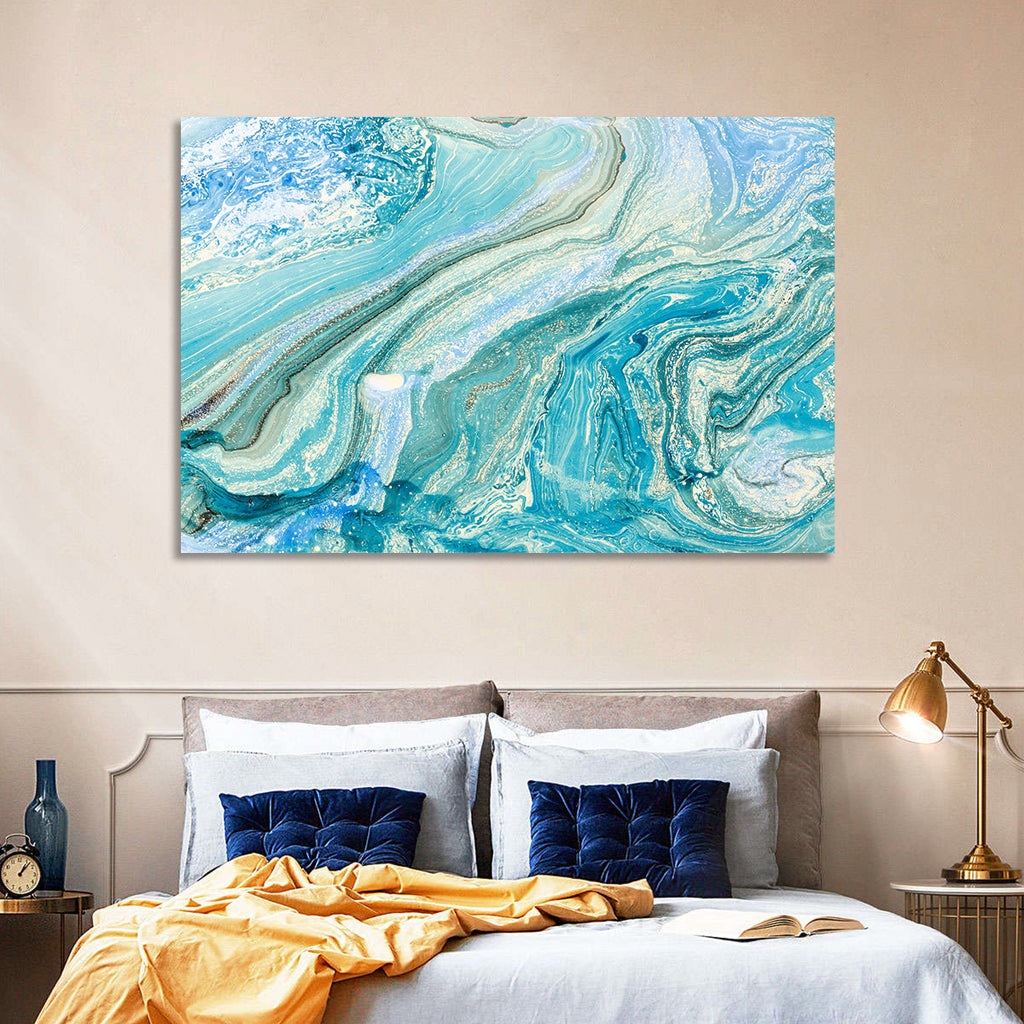 Aqua Marble Swirls with Silver Accents Wall Art