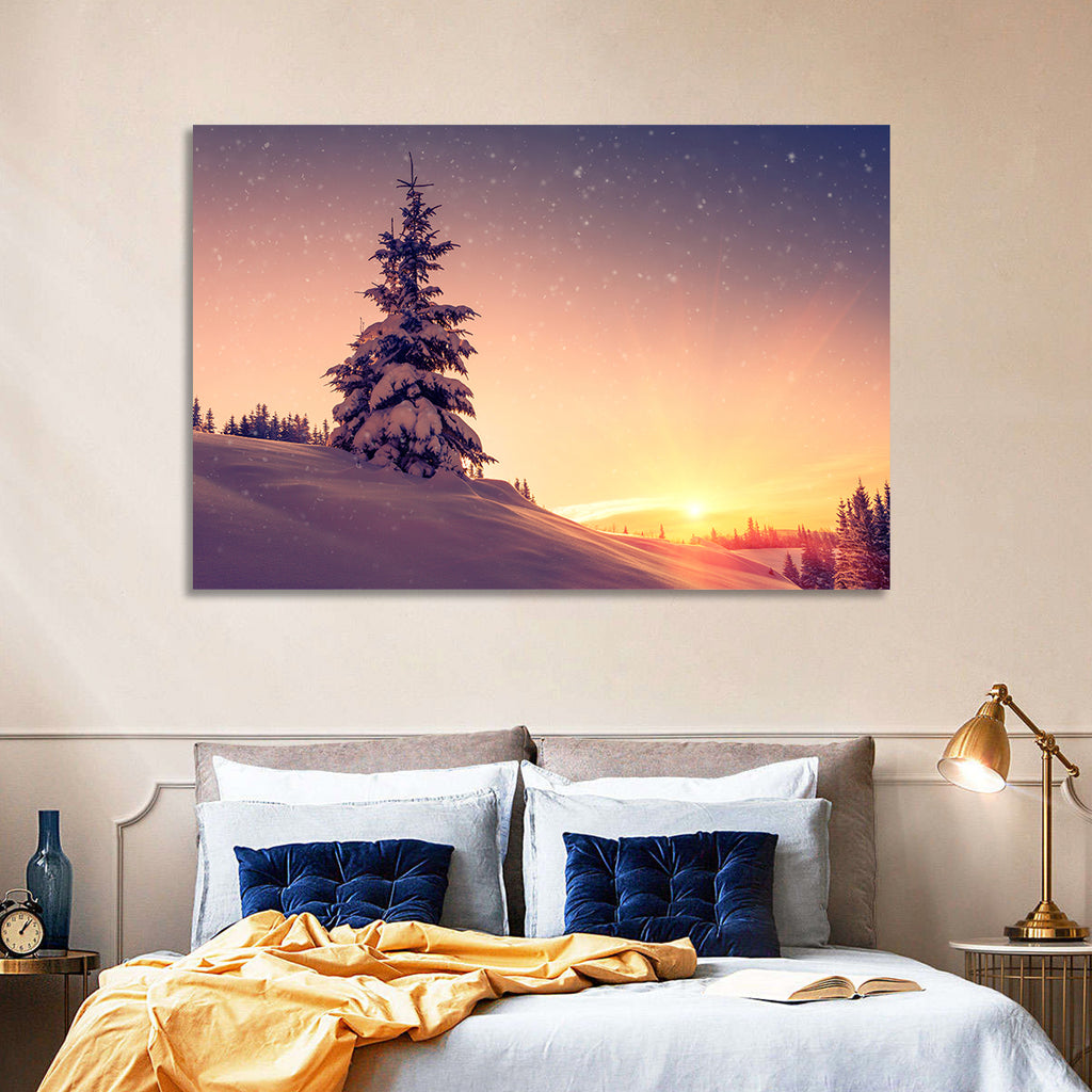 Snowy Sunset with Conifer Wall Art