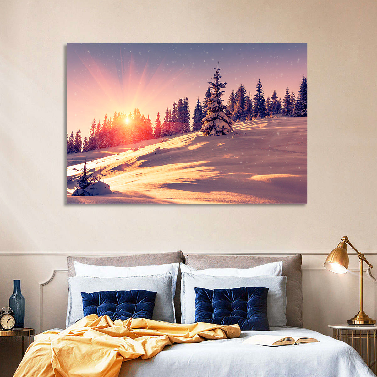 Winter Mountains Sunrise Wall Art in a room, landscape