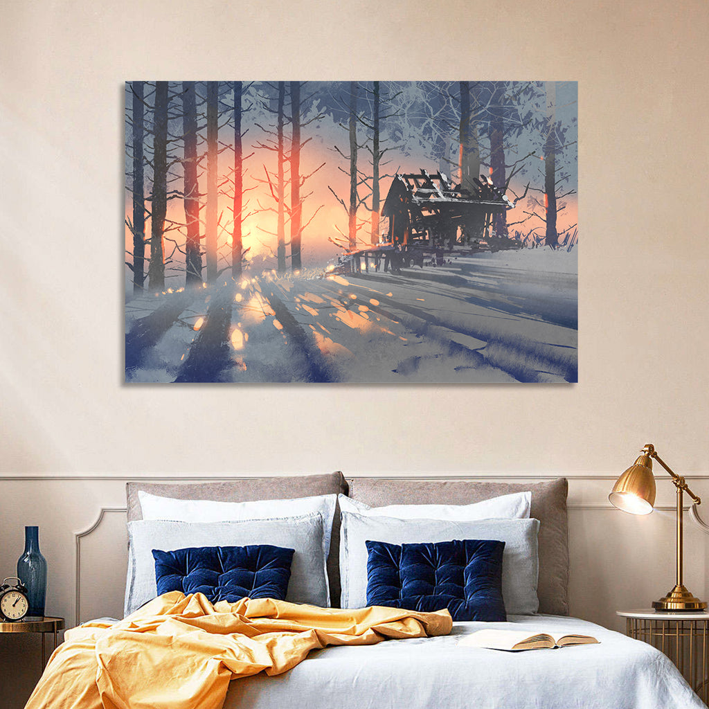 Snowy Forest Cabin at Sunset Wall Art