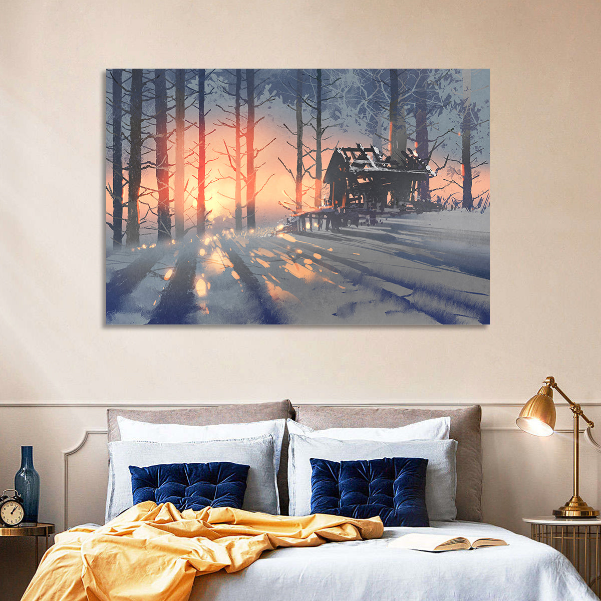 Snowy Forest Cabin at Sunset Wall Art in a room, landscape