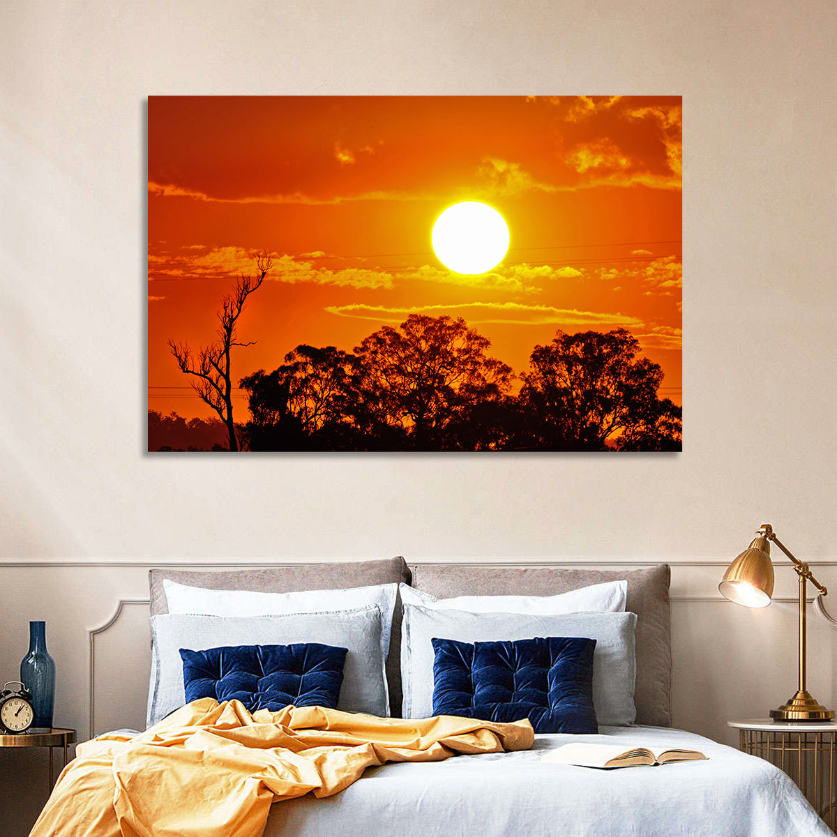 Burning Sun Over Tree Silhouettes Wall Art in a room, landscape