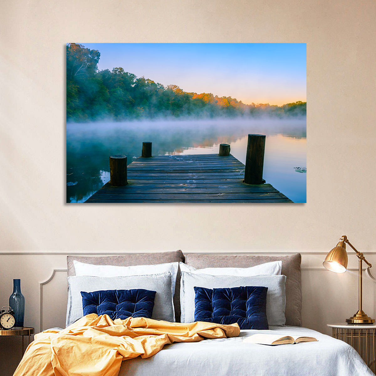 Misty Dock, Mt Saint Francis Wall Art in a room, landscape