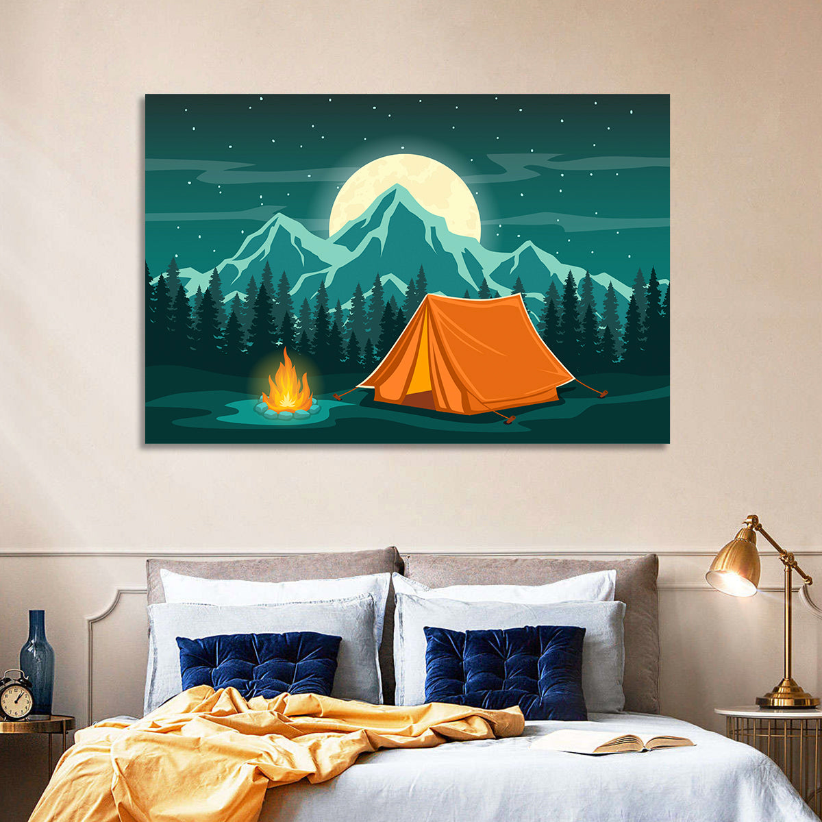Moonlit Campfire Landscape Wall Art in a room, landscape