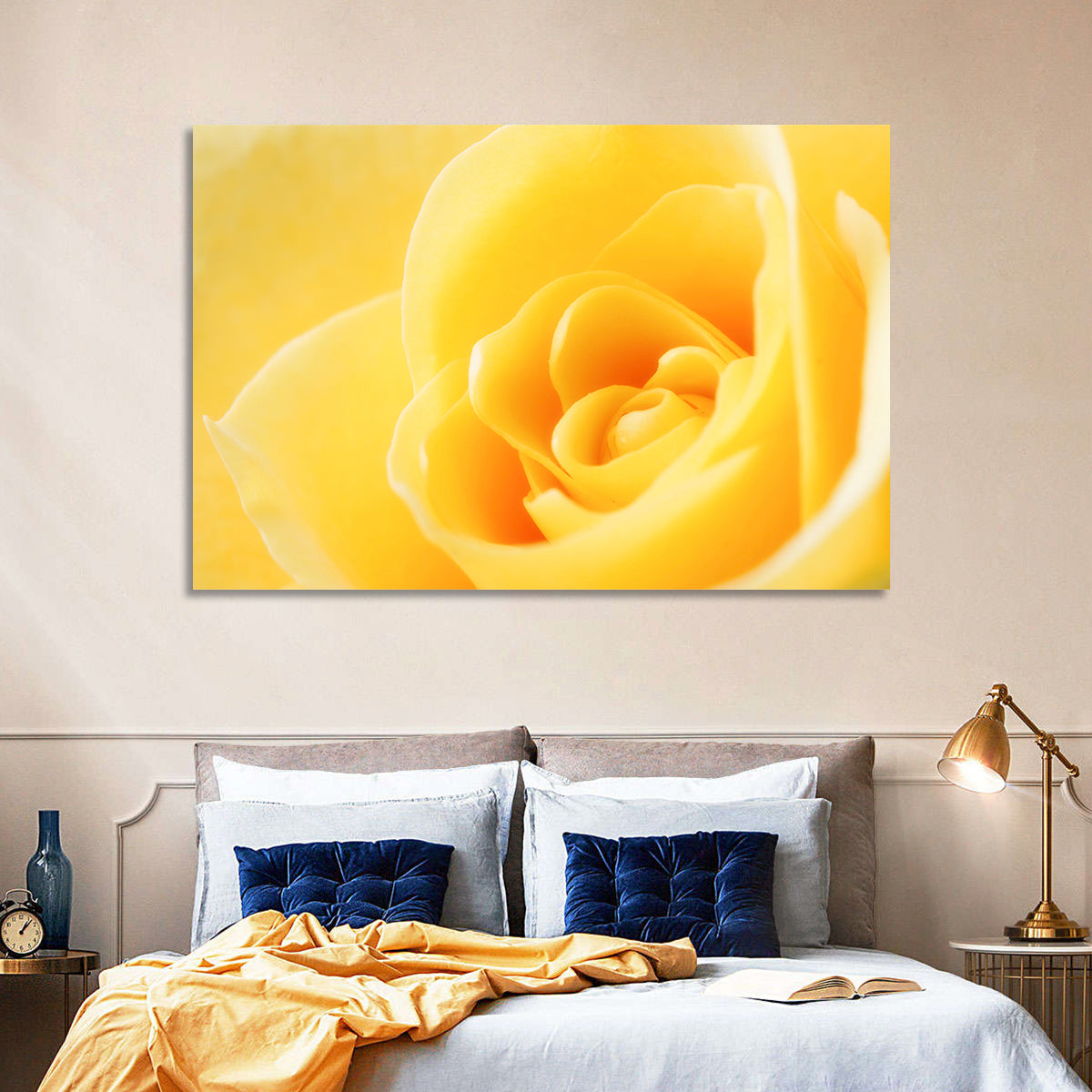 Soft-lit Yellow Rose Close-up Wall Art in a room, landscape