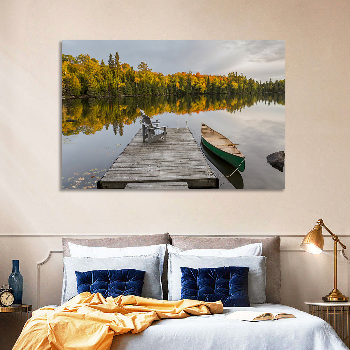 Ontario Autumn Lake Dock Wall Art in a room, landscape