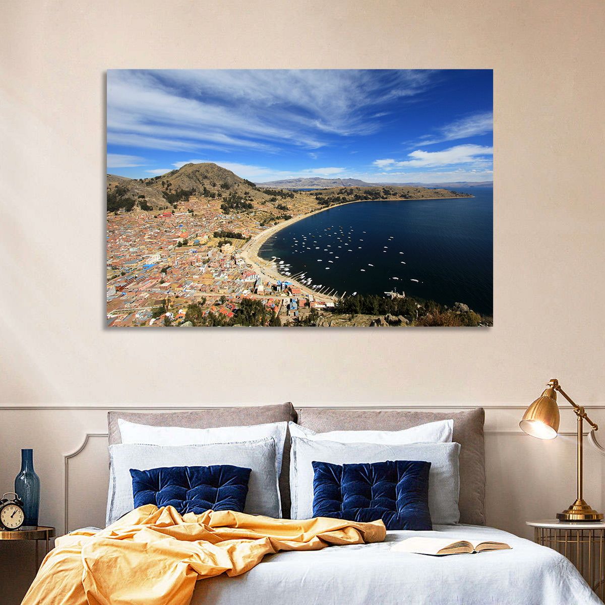 Copacabana Aerial Over Lake Titicaca Wall Art in a room, landscape