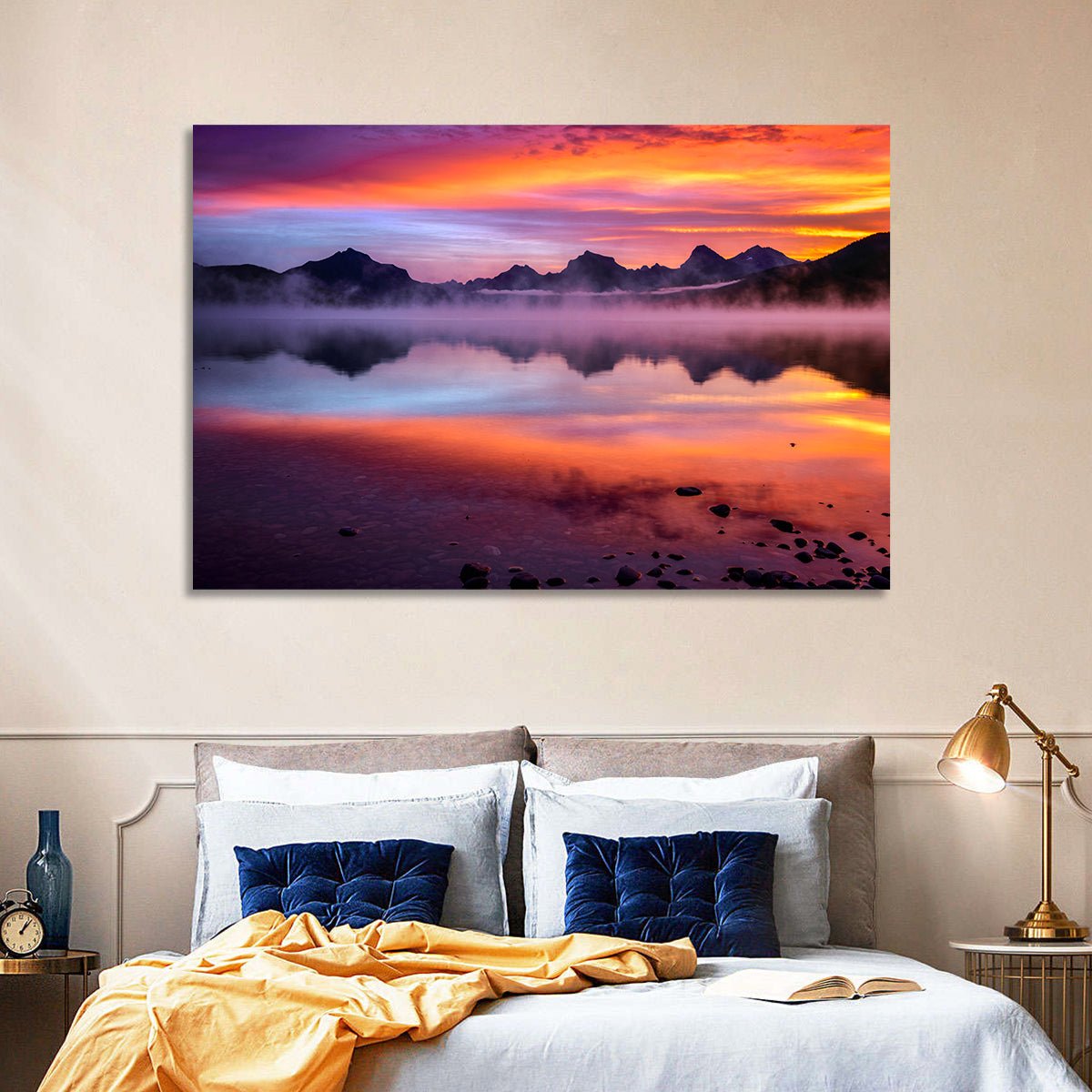 Lake Mcdonald Misty Sunset Wall Art in a room, landscape