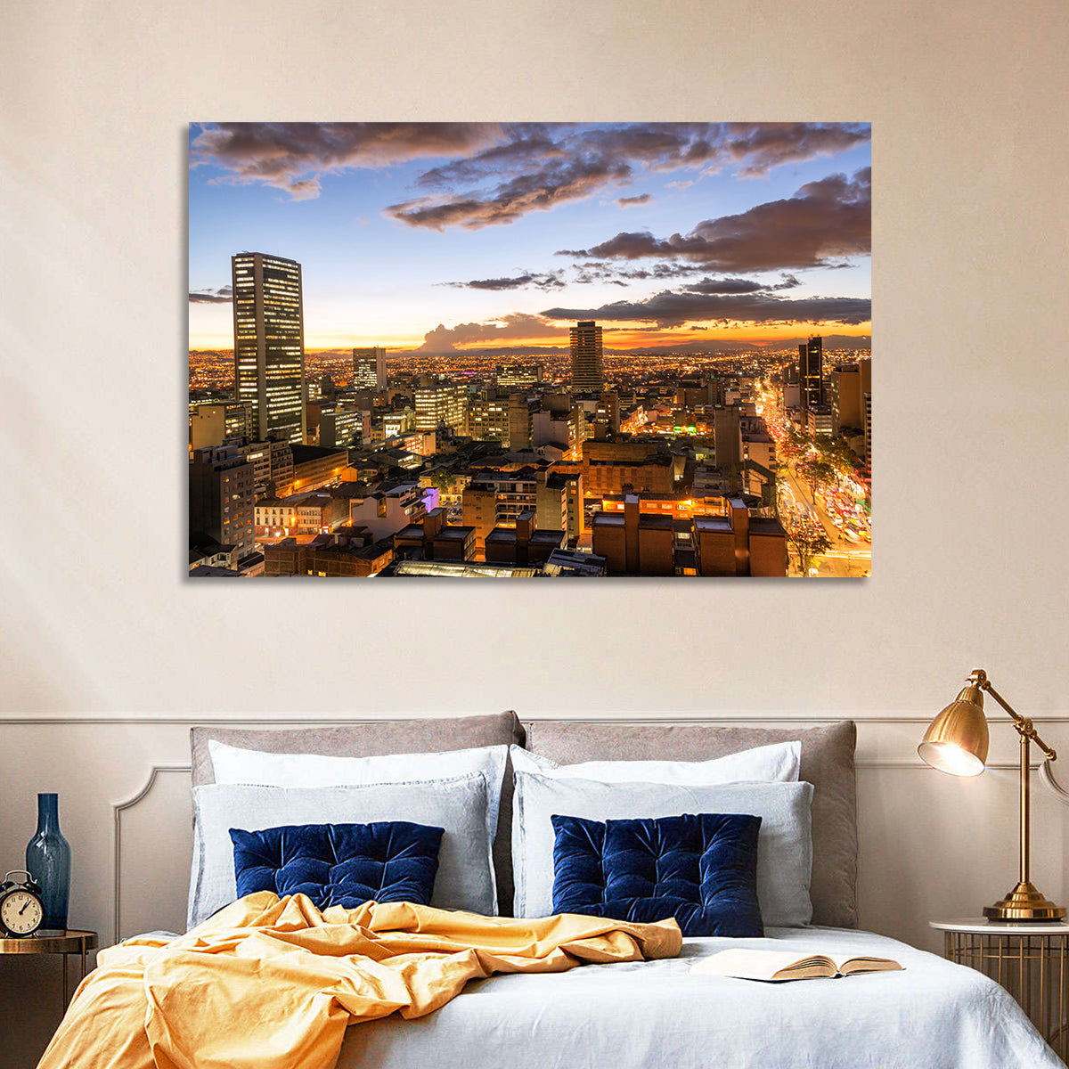 Bogota Twilight Cityscape Wall Art in a room, landscape