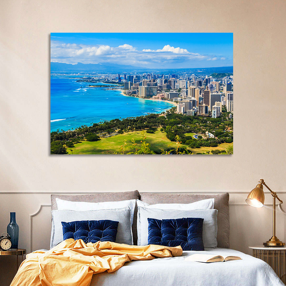 Honolulu Skyline Wall Art in a room, landscape