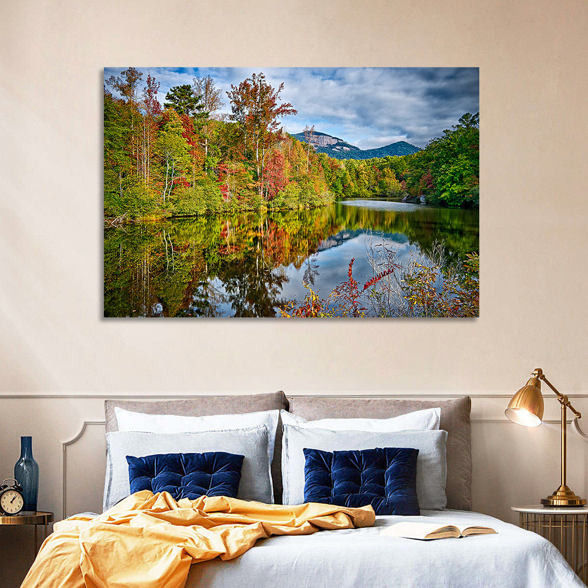 Lake Jocassee Autumn Reflection Wall Art in a room, landscape