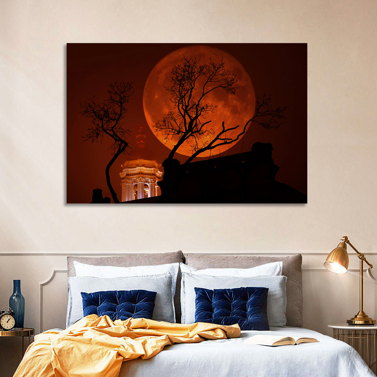 Haunted Supermoon Over Church Spire Wall Art in a room, landscape
