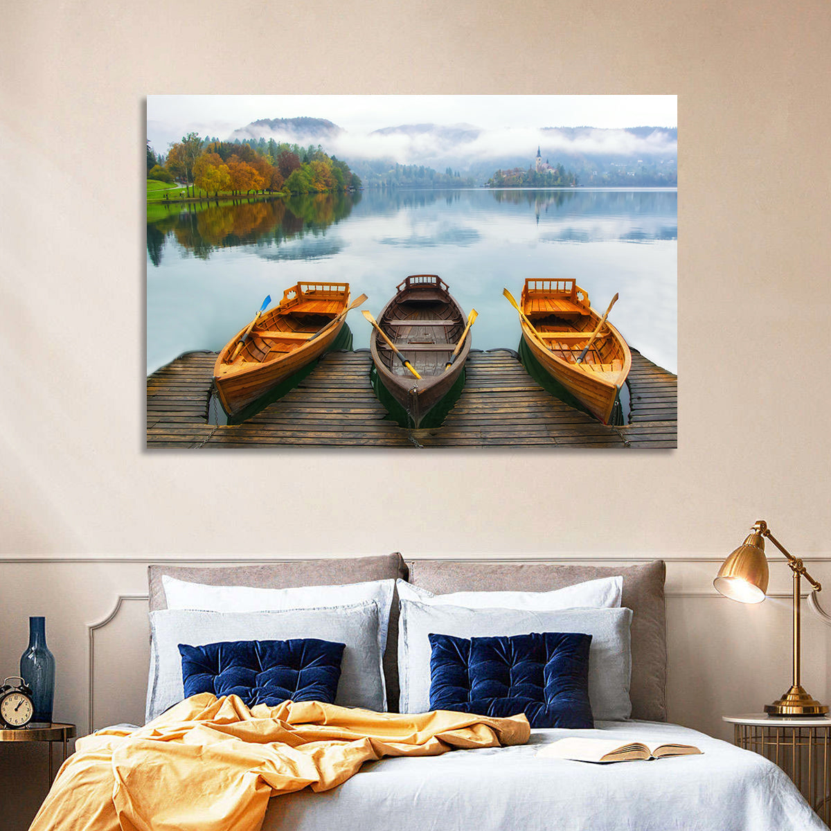 Moored Boats on Misty Lake Bled Wall Art in a room, landscape