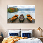 Moored Boats on Misty Lake Bled Wall Art